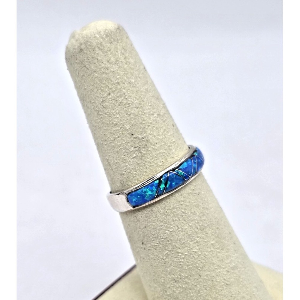 Blue Opal Sterling Silver Inlaid Band Ring Size 6.75‎ Unisex Stackable Signed SM